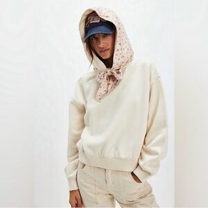 Free People Oversized Cream Sweatshirt Floral Hood XS Fits S M Cozy Cotton